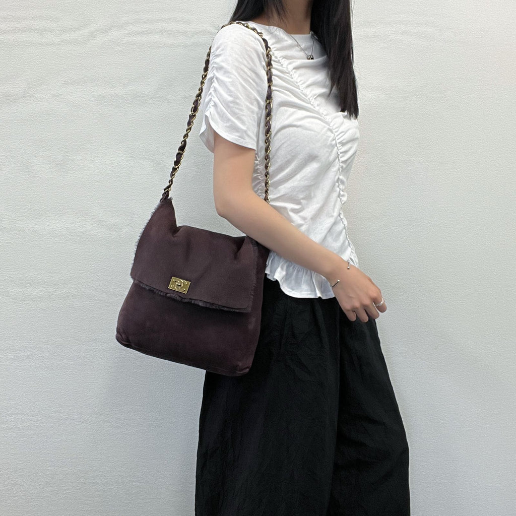 Chanel Shoulder Bag Shearling Suede Bordeaux Gold Vintage