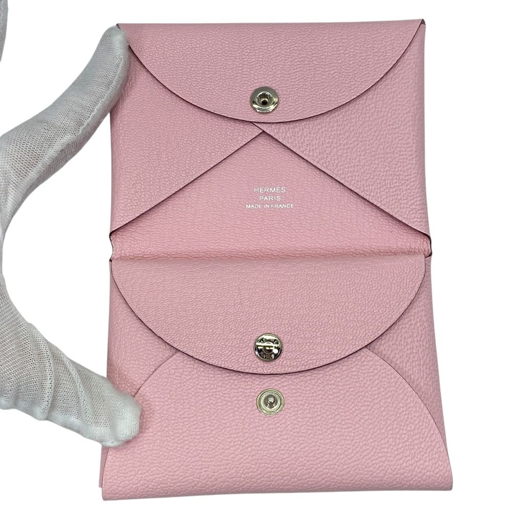 Hermes Calvi Duo Card Case Coin Purse Leather Pink Silver Mini Wallet Compact — view 6