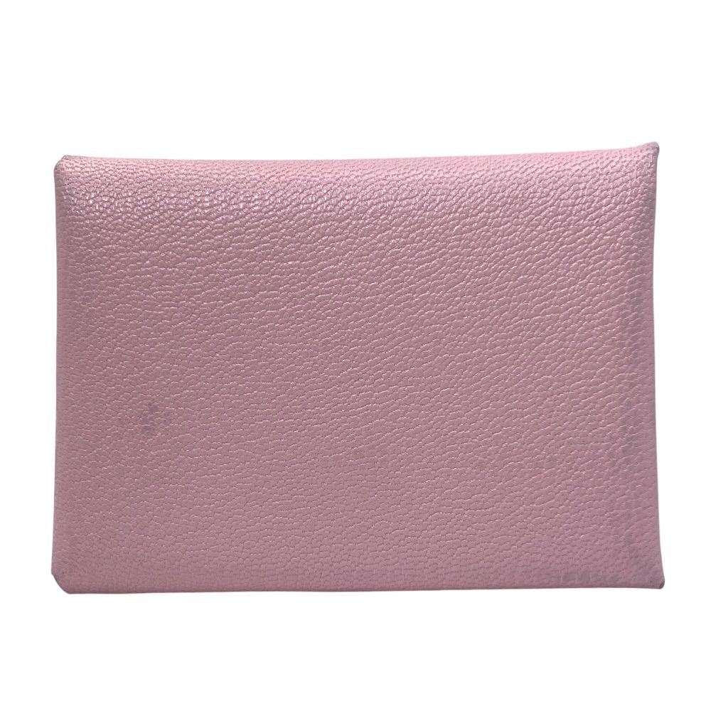 Hermes Calvi Duo Card Case Coin Purse Leather Pink Silver Mini Wallet Compact