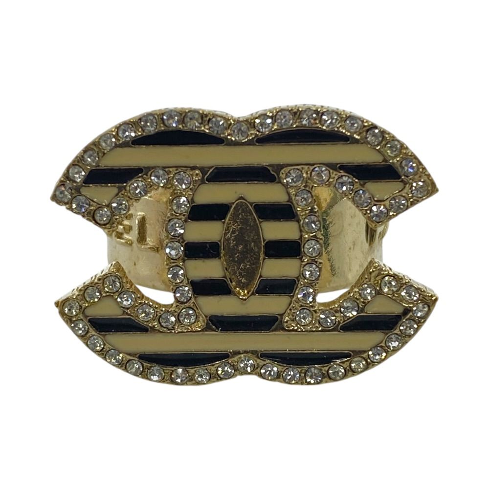 Chanel CC Logo Ring Rhinestone Border Gold Black White Gorgeous