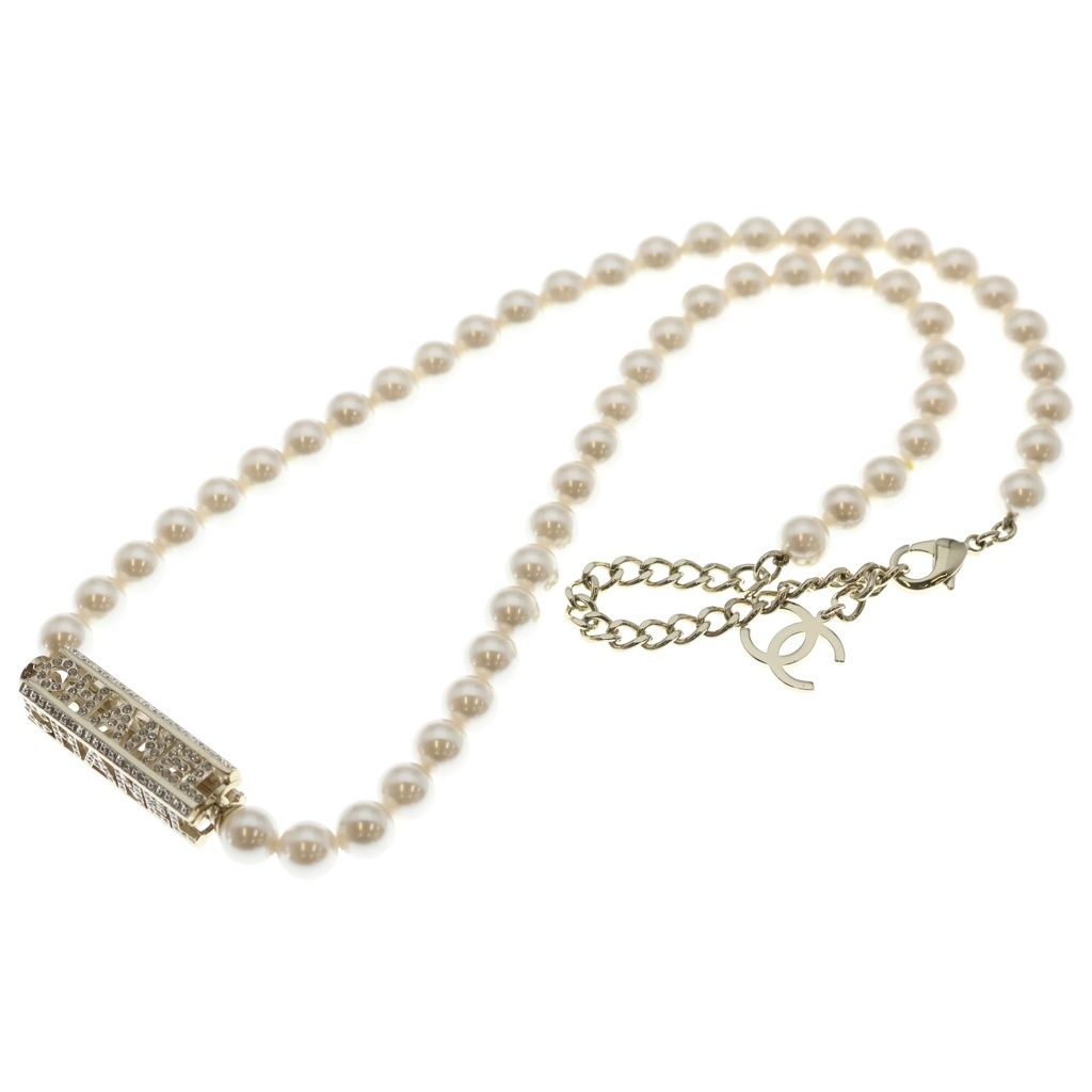 Chanel Logo Necklace Faux Pearl Rhinestone White Gold 24c — view 2