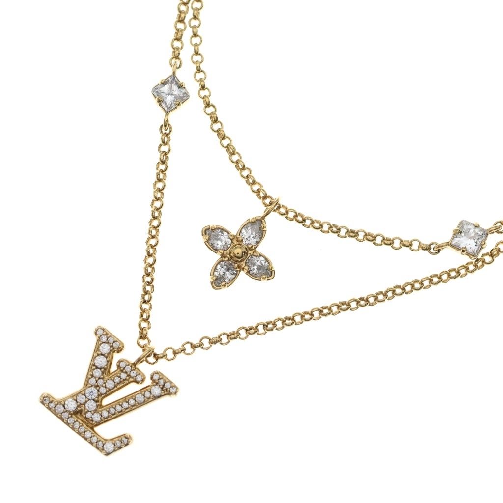 Louis Vuitton Necklace LV Logo Rhinestone Double Strand Pendant Chain Gold
