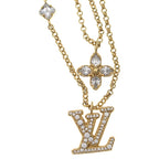 Louis Vuitton Necklace LV Logo Rhinestone Double Strand Pendant Chain Gold — view 3