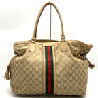 Gucci GG Canvas Sherry Tote Tassel Leather Beige