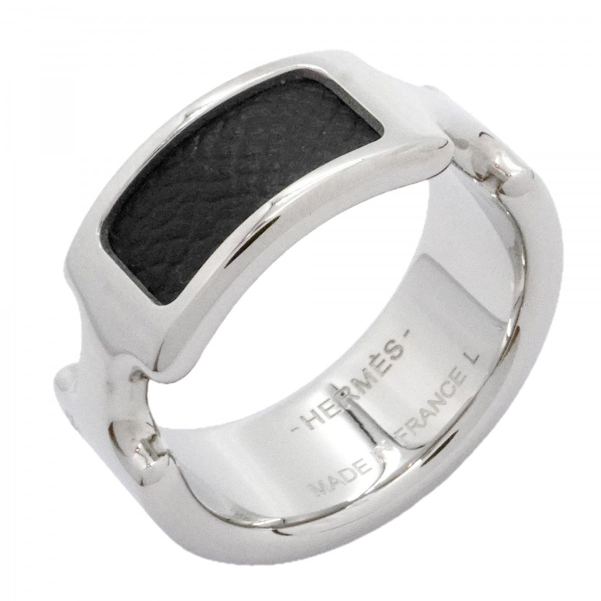 Hermes Ring Olympe Metal Leather Silver Black