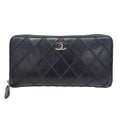 Chanel Wallet Wild Stitch Leather Black Silver Zip Around Quilted Logo