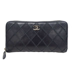 Chanel Wallet Wild Stitch Leather Black Silver Zip Around Quilted Logo