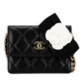 Chanel Quilted CC Logo Camellia Mini Chain Shoulder Wallet Black Lambskin