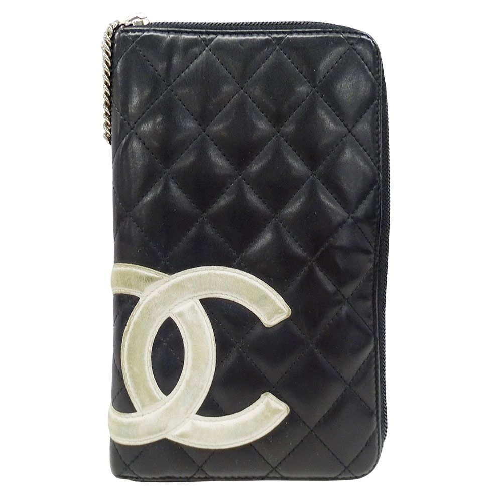 Chanel Wallet Cambon Lambskin Black Silver Zip Around Logo Quilted
