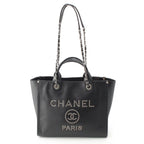 Chanel 25 Deauville Caviar Leather Tote CC Logo Silver Black
