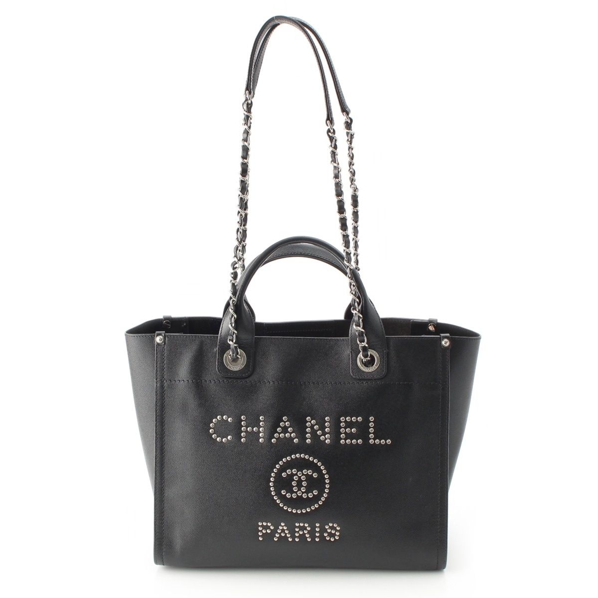 Chanel 25 Deauville Caviar Leather Tote CC Logo Silver Black