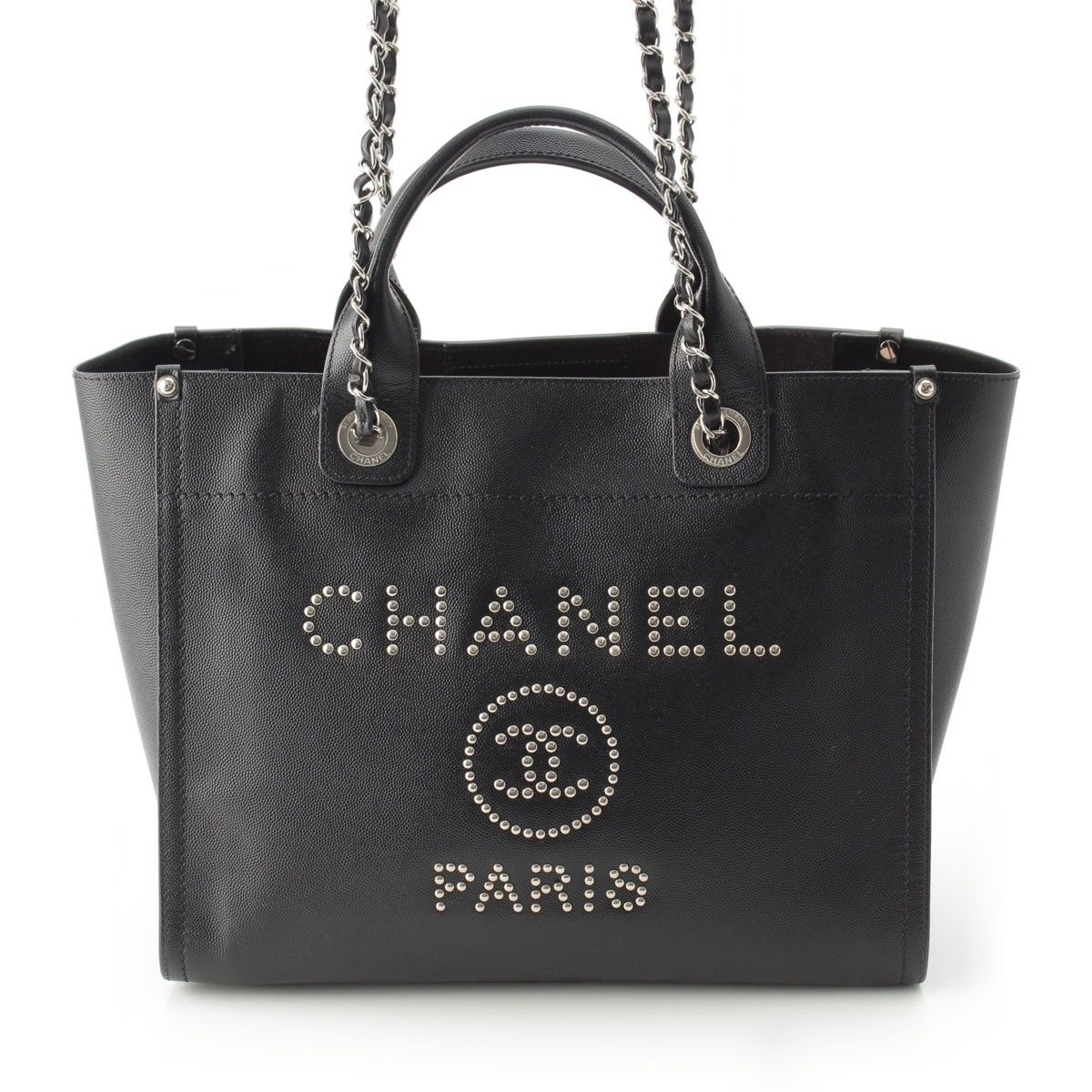 Chanel 25 Deauville Caviar Leather Tote CC Logo Silver Black — view 2