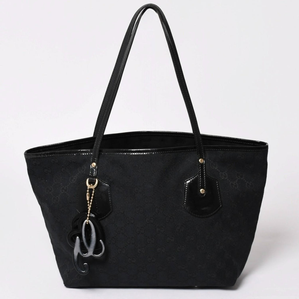 Gucci GG Canvas Jolly Tote Black Patent Handbag Gold
