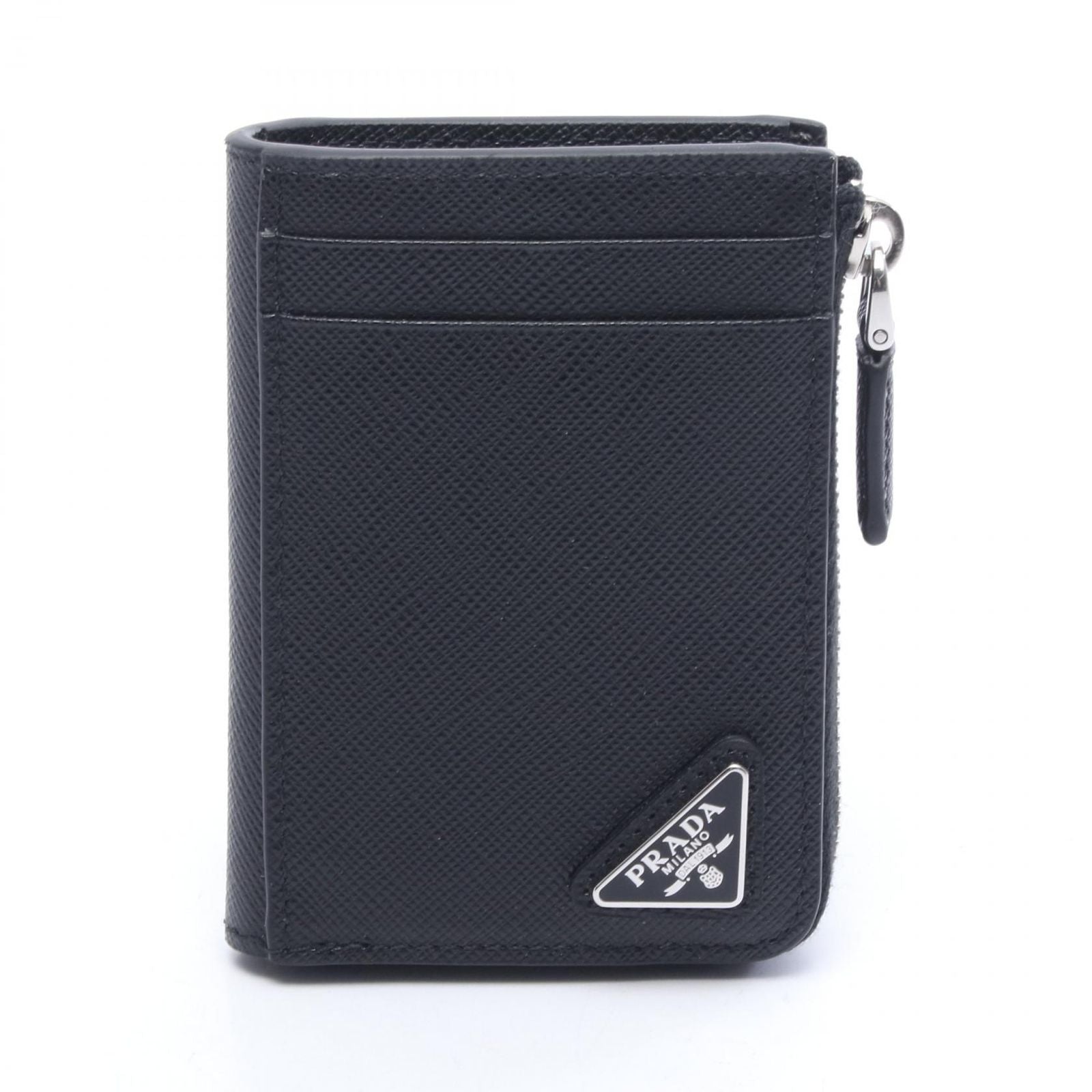 Prada Coin Case Saffiano Triang Card Black Leather