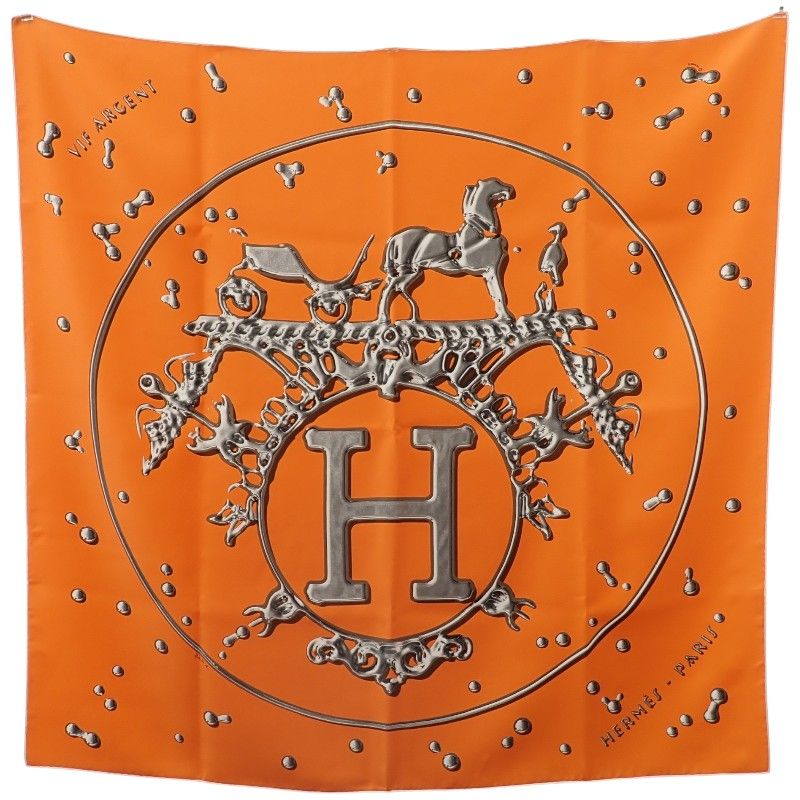 Hermes Carre 90 Vif Argent Silver Drop Scarf Silk Orange