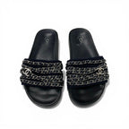 Chanel Sandals Shoes Fabric Leather Navy Black Silver CC Logo Chain Flat Mules — view 2
