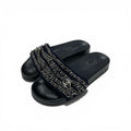 Chanel Sandals Shoes Fabric Leather Navy Black Silver CC Logo Chain Flat Mules