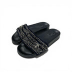 Chanel Sandals Shoes Fabric Leather Navy Black Silver CC Logo Chain Flat Mules