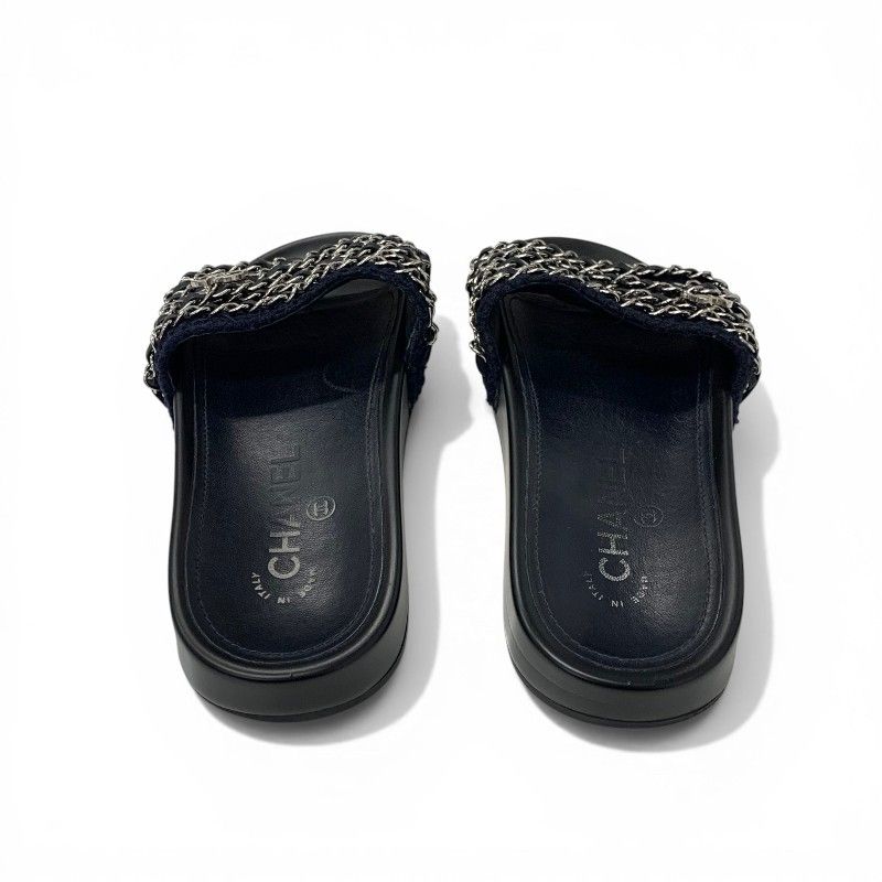 Chanel Sandals Shoes Fabric Leather Navy Black Silver CC Logo Chain Flat Mules — view 5