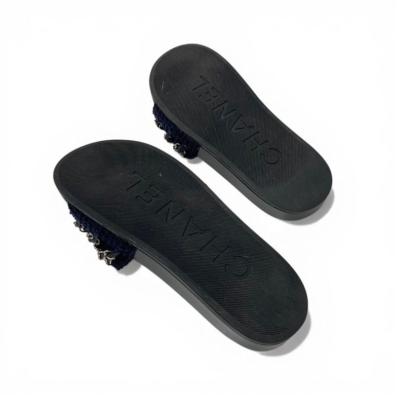 Chanel Sandals Shoes Fabric Leather Navy Black Silver CC Logo Chain Flat Mules — view 6