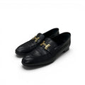 Hermes Paris Loafers Leather Shoes Black Gold Moccasins