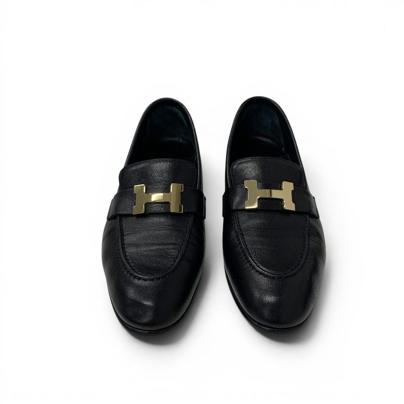 Hermes Paris Loafers Leather Shoes Black Gold Moccasins — view 2