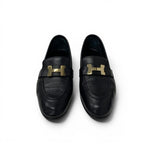 Hermes Paris Loafers Leather Shoes Black Gold Moccasins — view 2