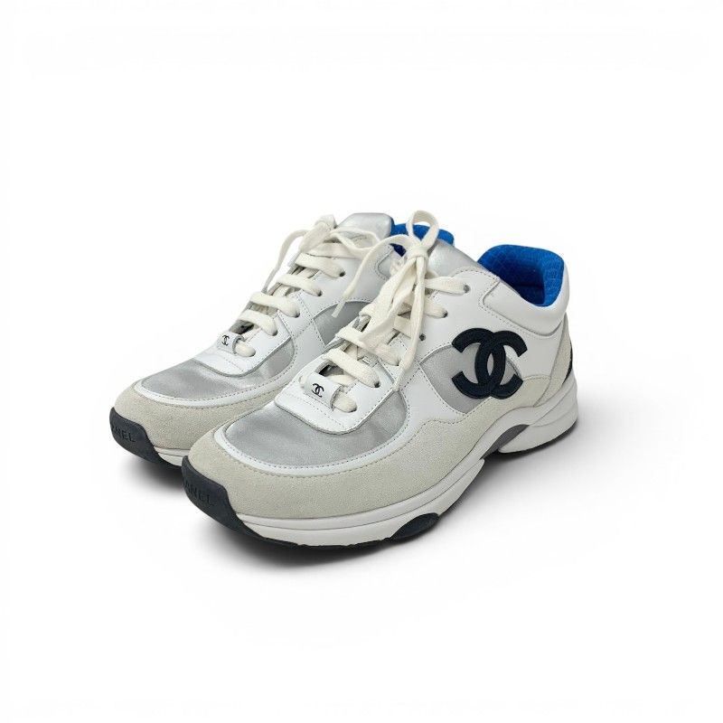 Chanel Sneakers Leather Fabric Suede White Black Blue CC Logo