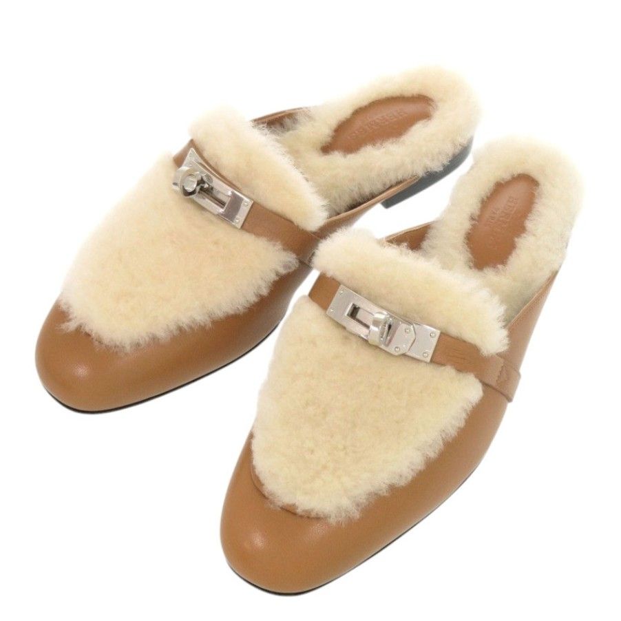 Hermes Oz Mules Chevre Sheepskin Natural Ecru Brown