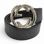 Gucci Leather GG Pattern Interlocking Buckle Wide Belt Black Silver