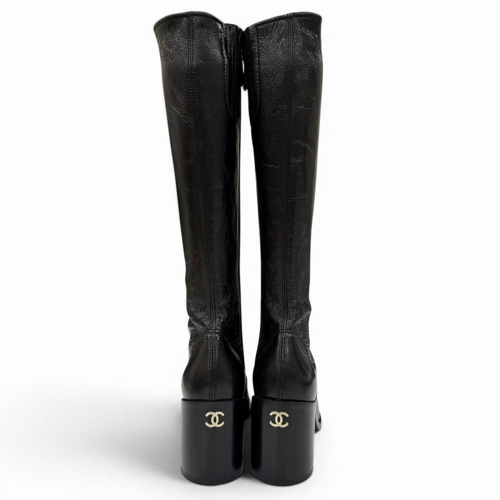 Chanel 24k CC Logo Side Zip Leather Long Boots Black — view 9