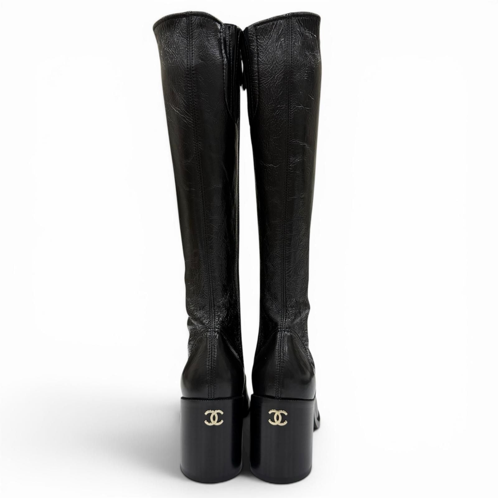 Chanel 24k CC Logo Side Zip Leather Long Boots Black — view 9