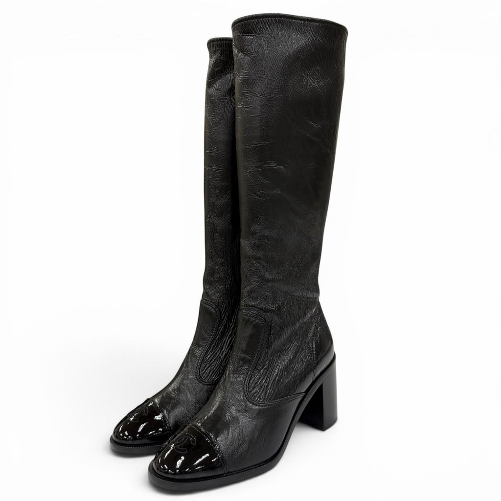 Chanel 24k CC Logo Side Zip Leather Long Boots Black