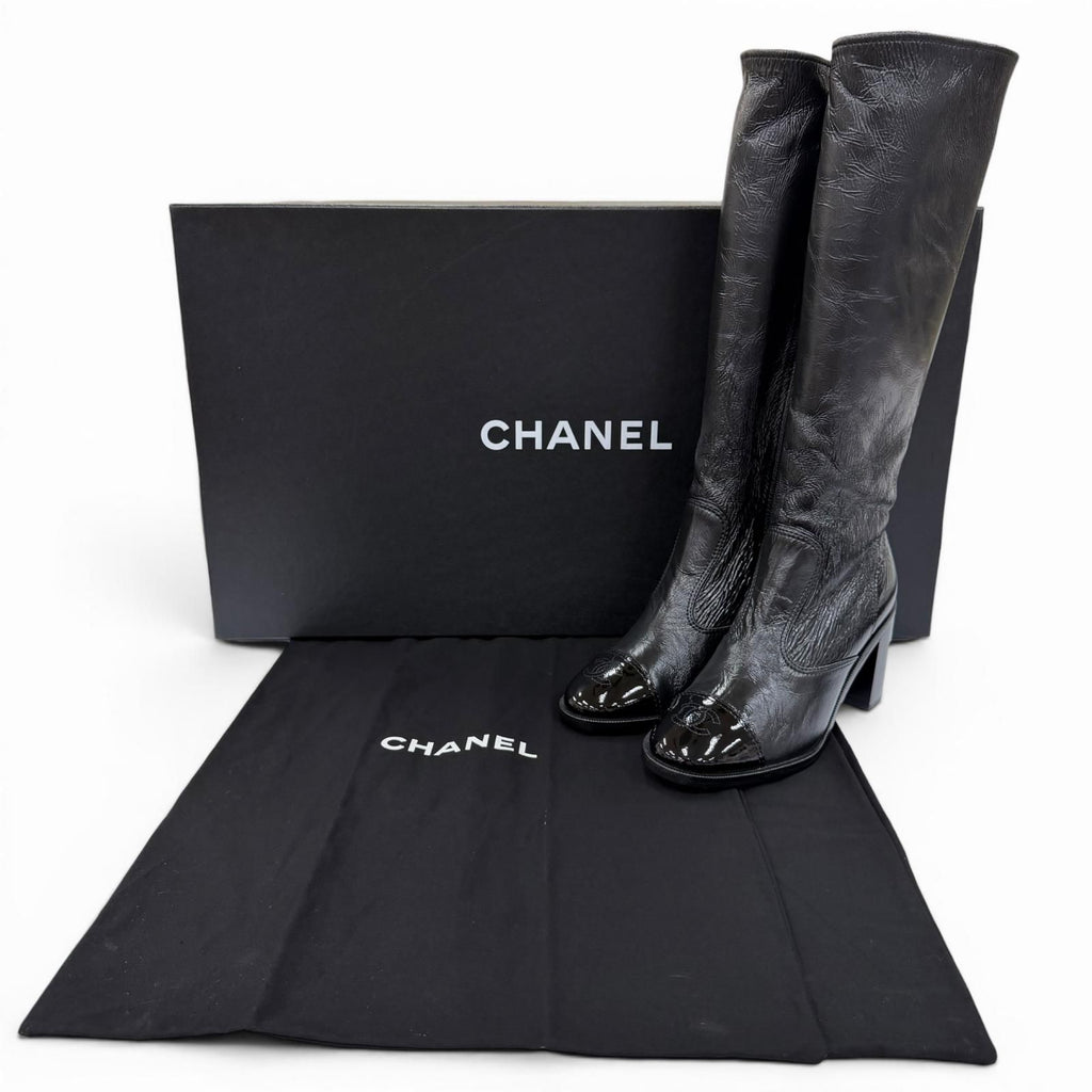 Chanel 24k CC Logo Side Zip Leather Long Boots Black — view 2