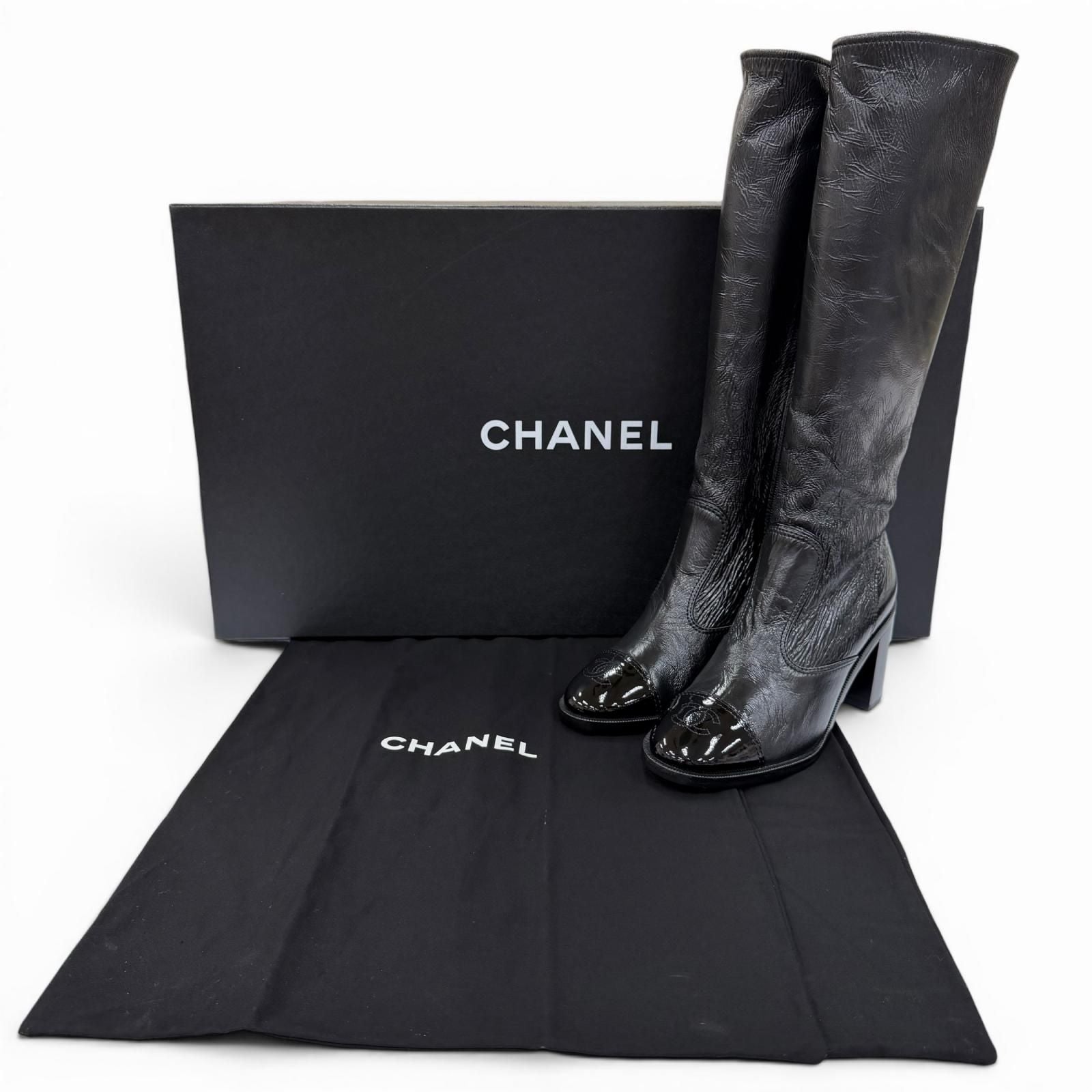 Chanel 24k CC Logo Side Zip Leather Long Boots Black — view 2