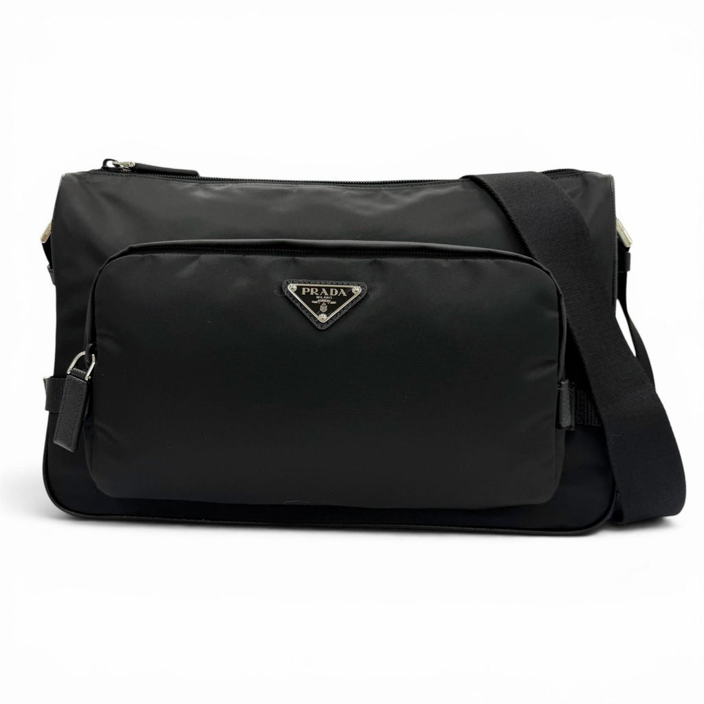 Prada Nylon Leather Triangle Logo Plate Re-Nylon Shoulder Bag Black