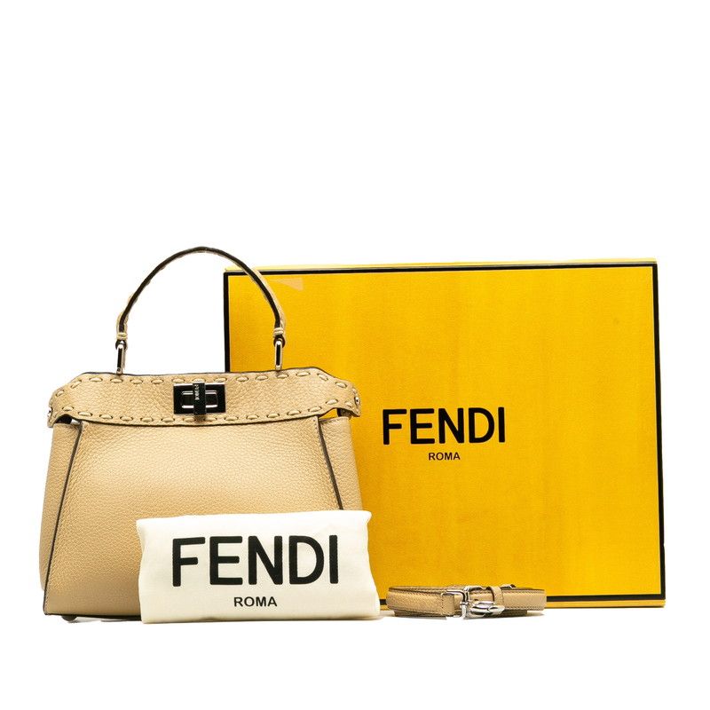 Fendi Selleria Peekaboo Mini 2-Way Shoulder Bag Beige Leather