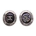 Chanel Earrings Black Silver CC Logo Oval Large