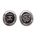 Chanel Earrings Black Silver CC Logo Oval Large