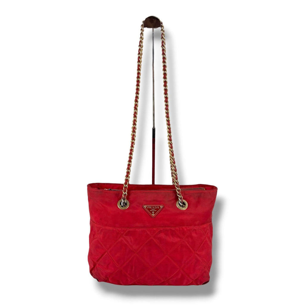 Prada Triangle Logo Quilted Chain Shoulder Bag Semi Red Tessuto — view 3