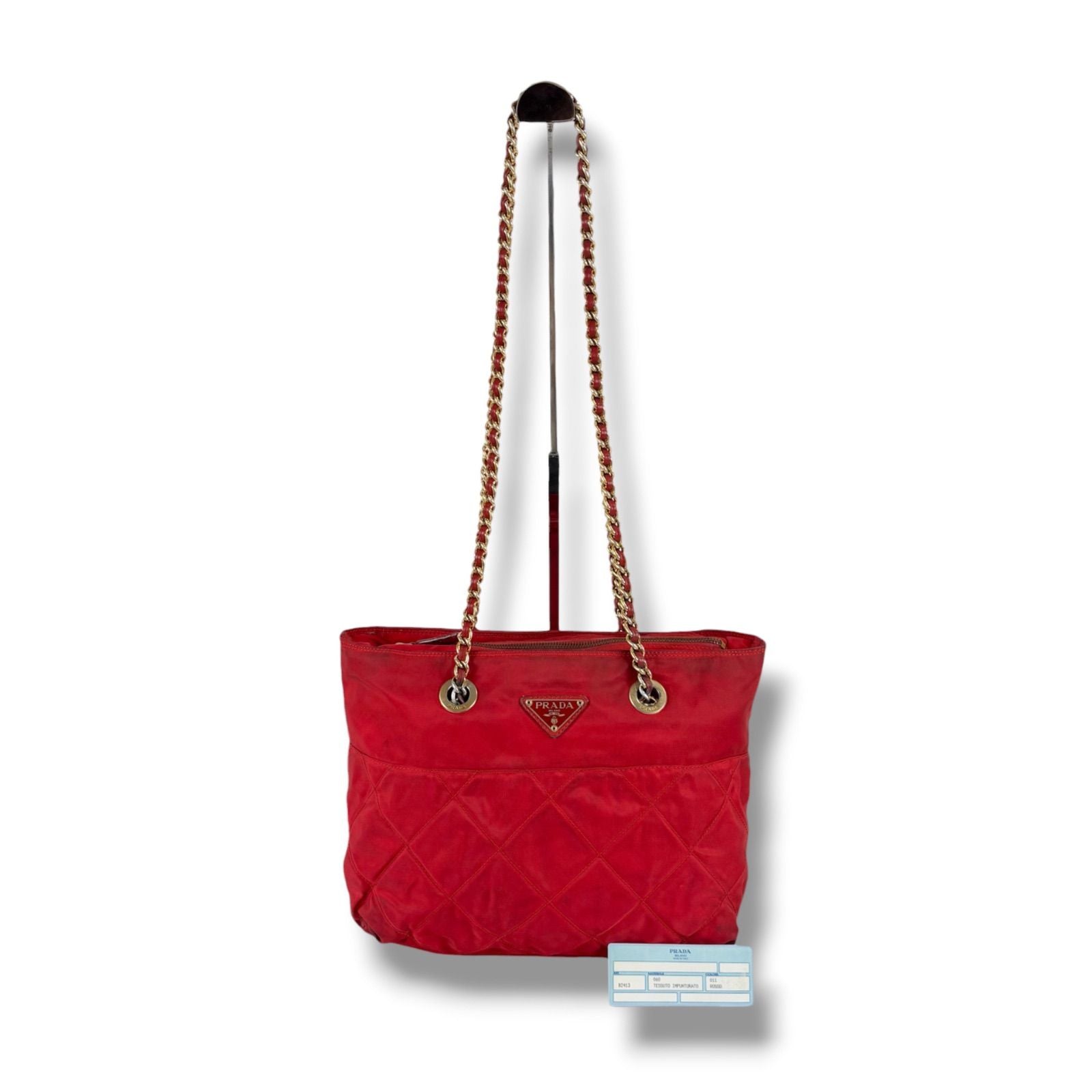 Prada Triangle Logo Quilted Chain Shoulder Bag Semi Red Tessuto — view 2