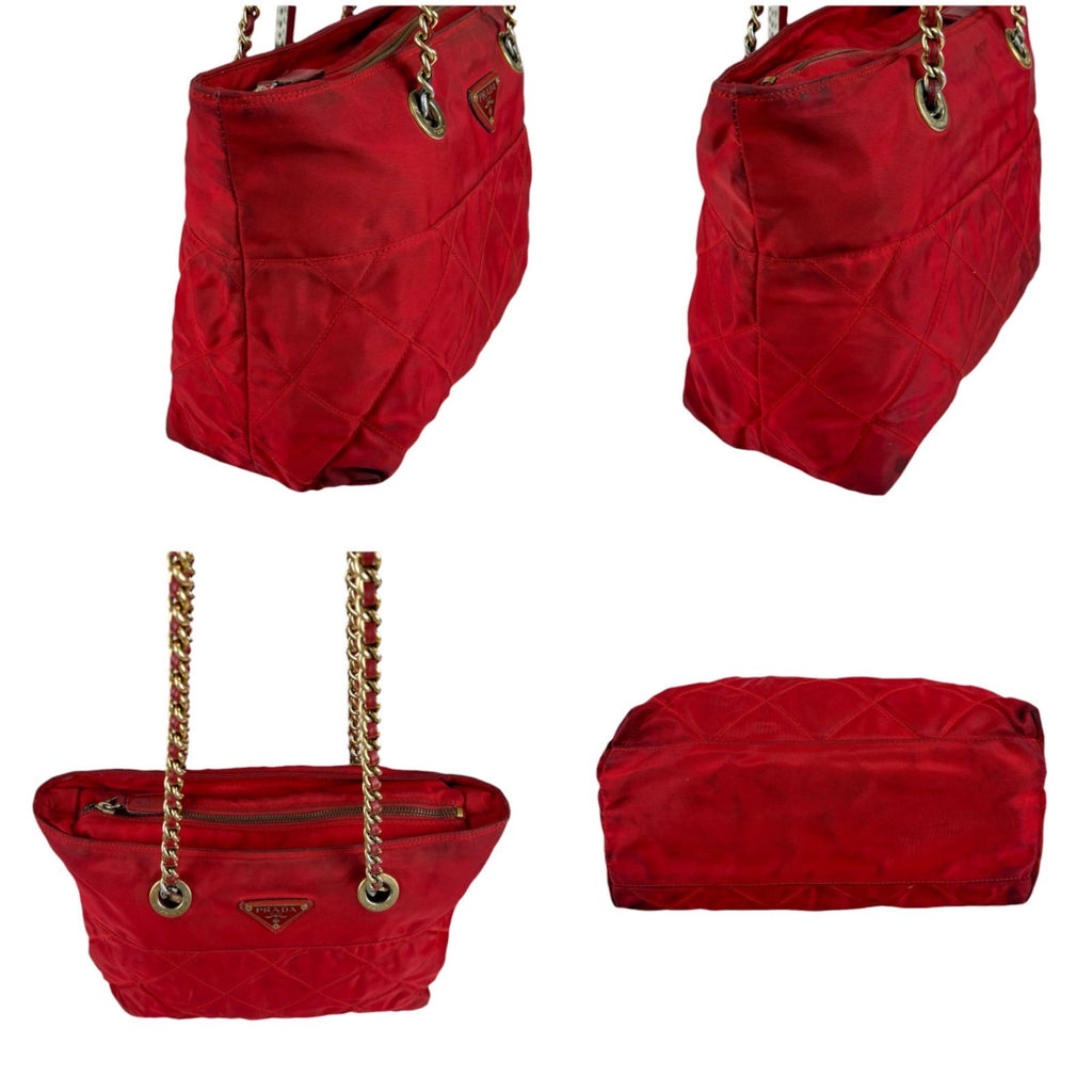 Prada Triangle Logo Quilted Chain Shoulder Bag Semi Red Tessuto — view 5