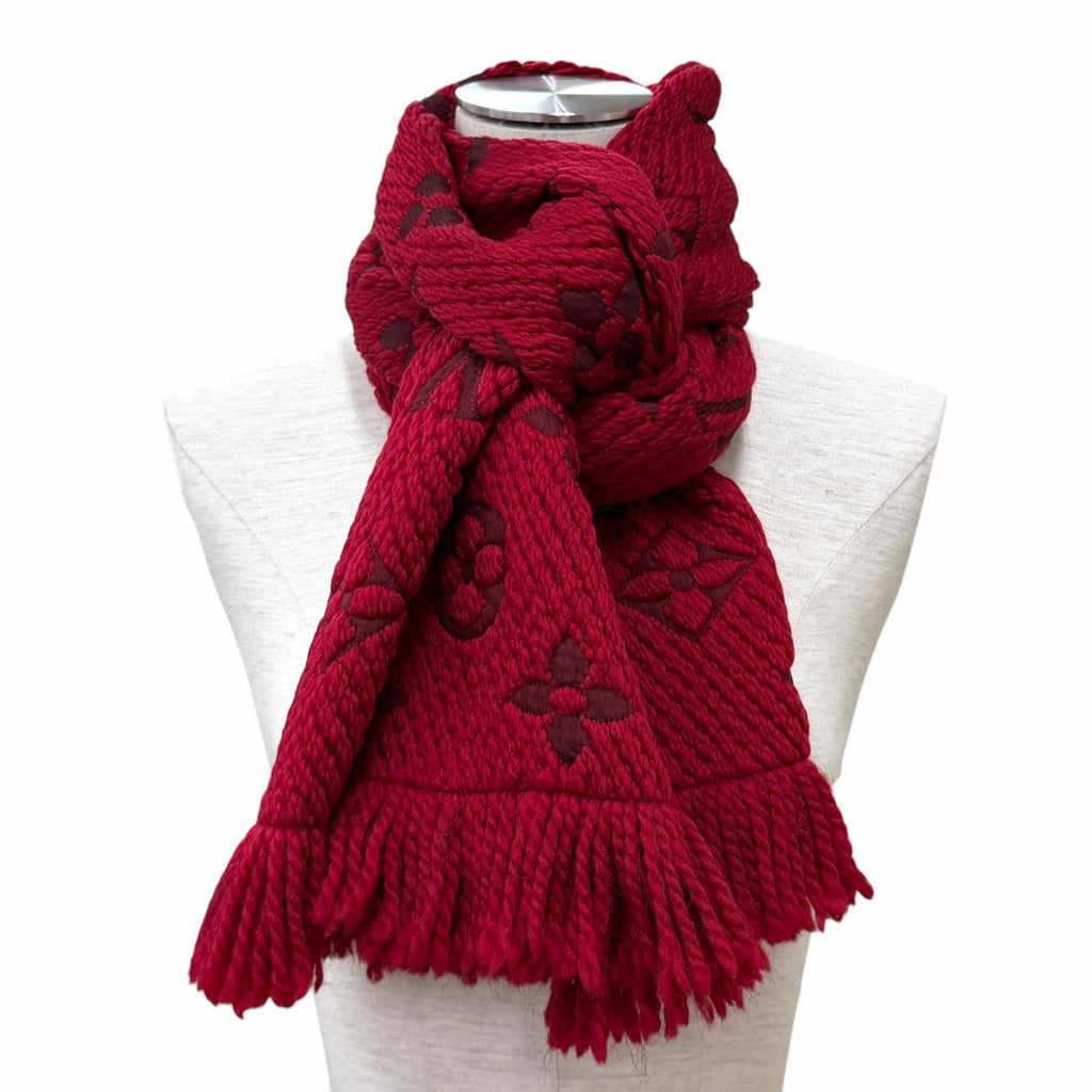 Louis Vuitton Echarpe Logo Mania Wool Silk Blend Ruby Scarf with Fringe — view 3