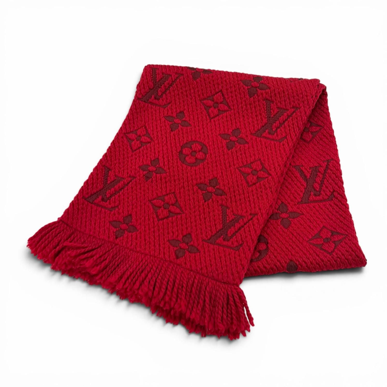 Louis Vuitton Echarpe Logo Mania Wool Silk Blend Ruby Scarf with Fringe