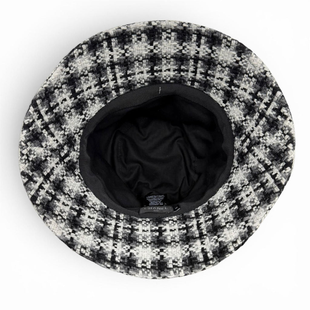 Chanel Wool Tweed Bucket Hat with CC Logo Black Gray White — view 6