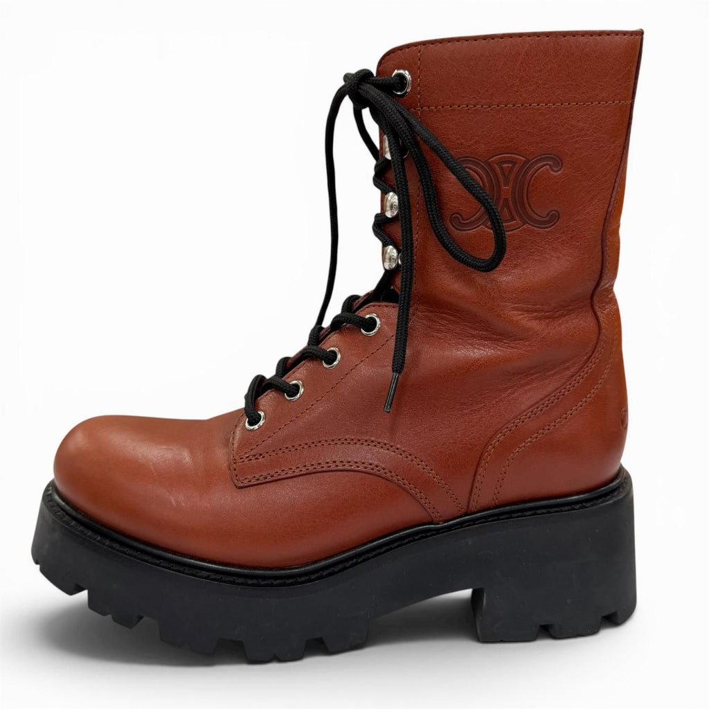 Celine Triomphe Rangers Mid Leather Lace Up Boots Short Brown — view 5