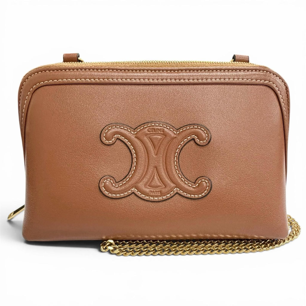 Celine Smooth Calfskin Cuill Triomphe Chain Clutch Shoulder Bag Tan Brown