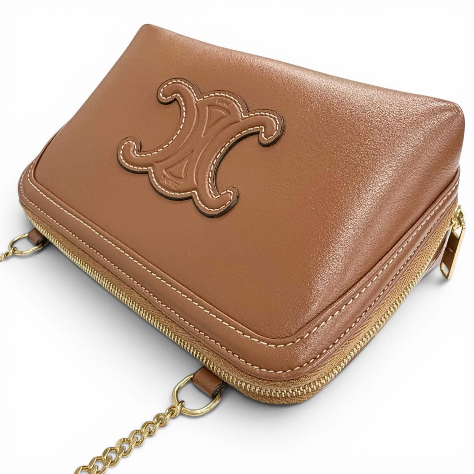 Celine Smooth Calfskin Cuill Triomphe Chain Clutch Shoulder Bag Tan Brown — view 4