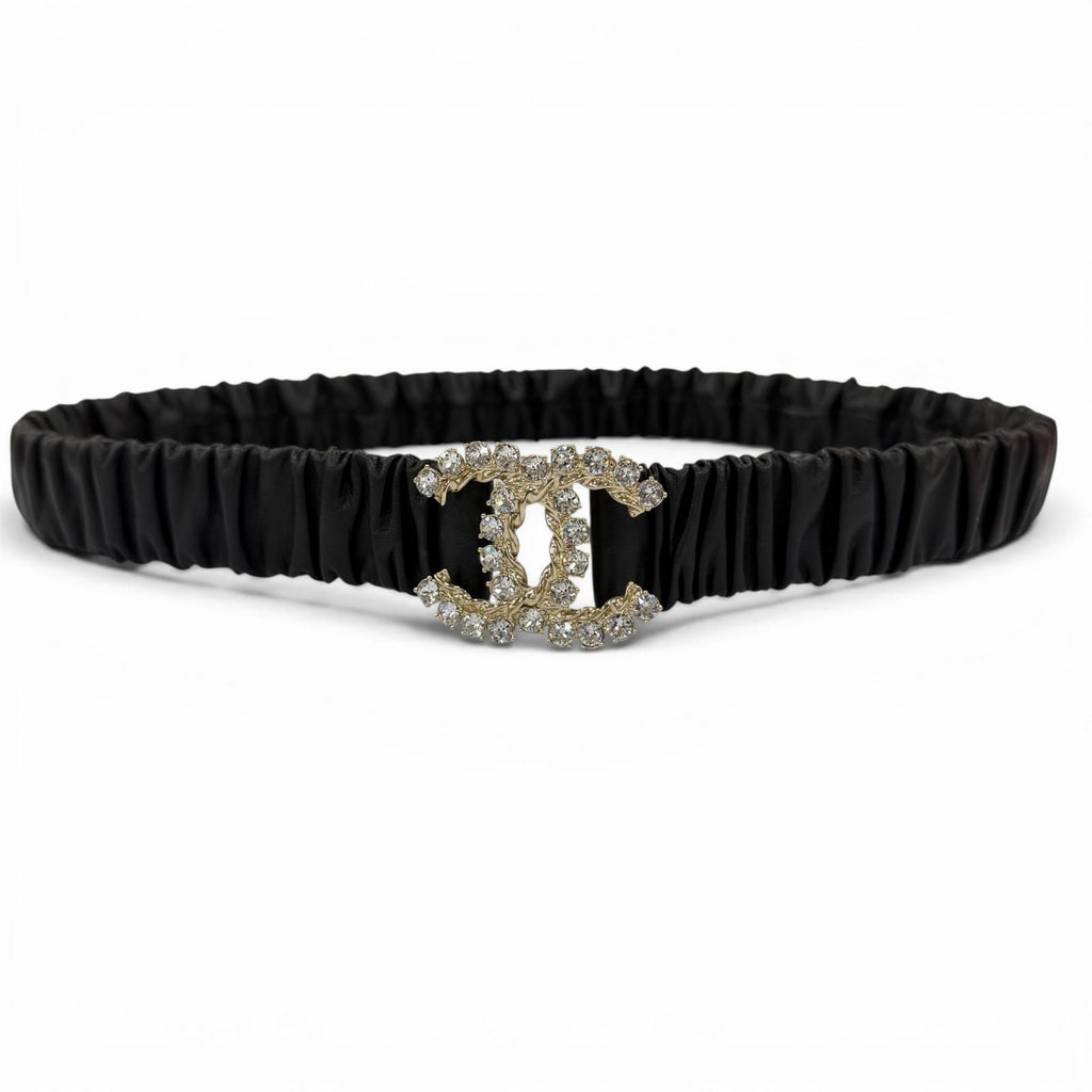 Chanel 21c CC Logo Rhinestone Leather Rubber Belt Black Gold — view 2