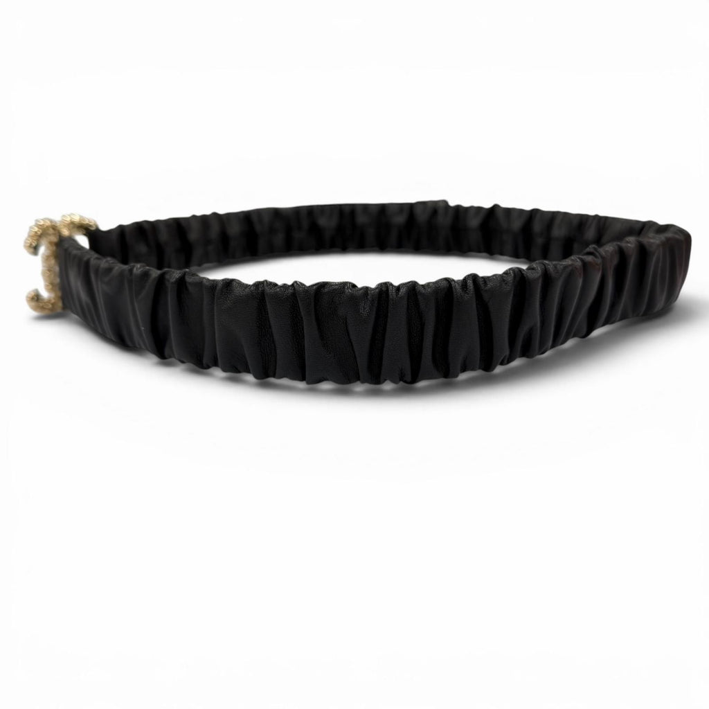 Chanel 21c CC Logo Rhinestone Leather Rubber Belt Black Gold — view 3
